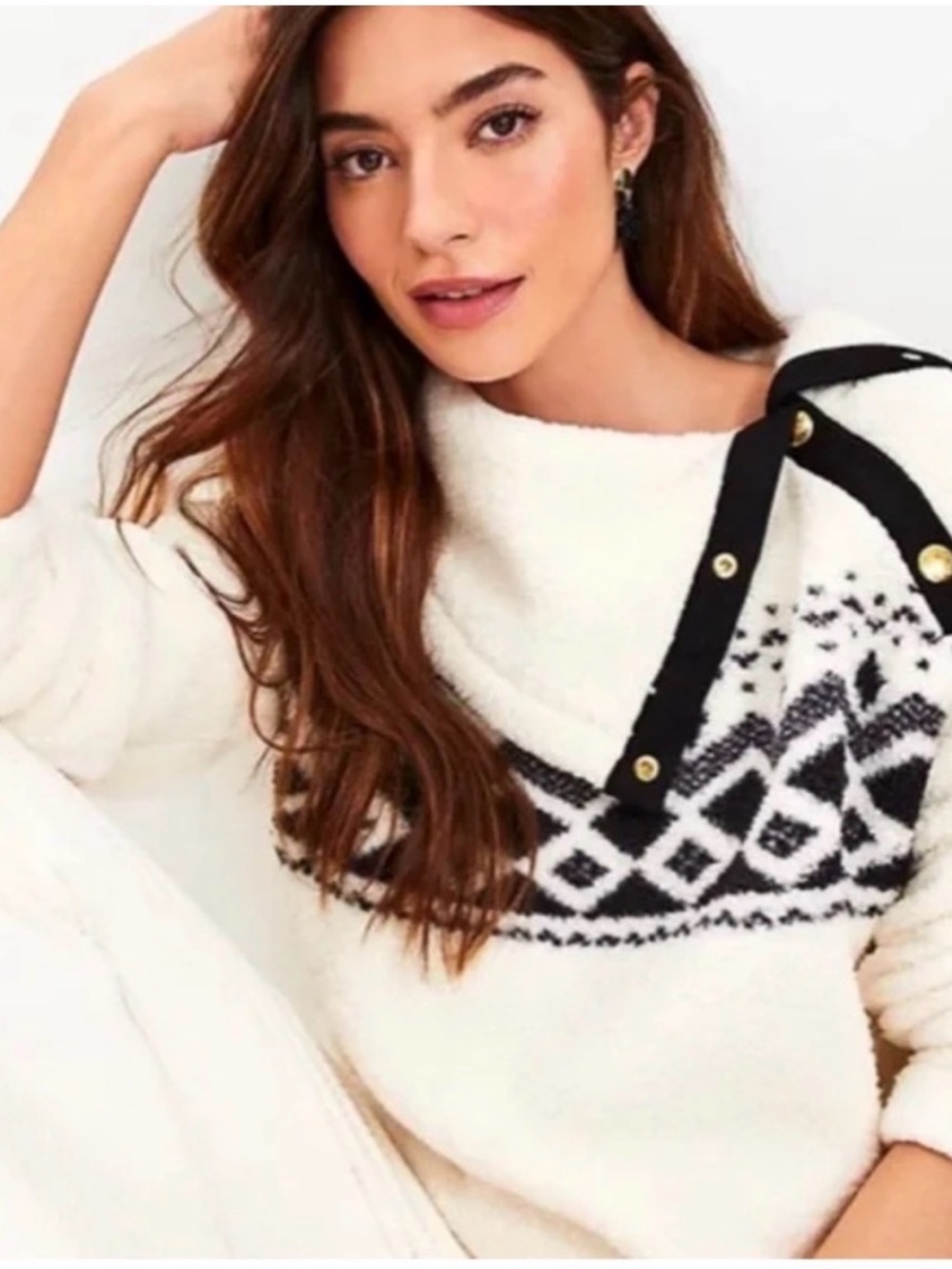 LOFT Fair Isle Sherpa new snap collar Whisper White womens sweatshirt cozy XSP